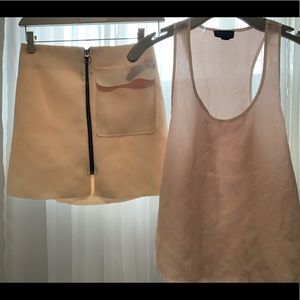 Light pink satin shirt with cute mini skirt